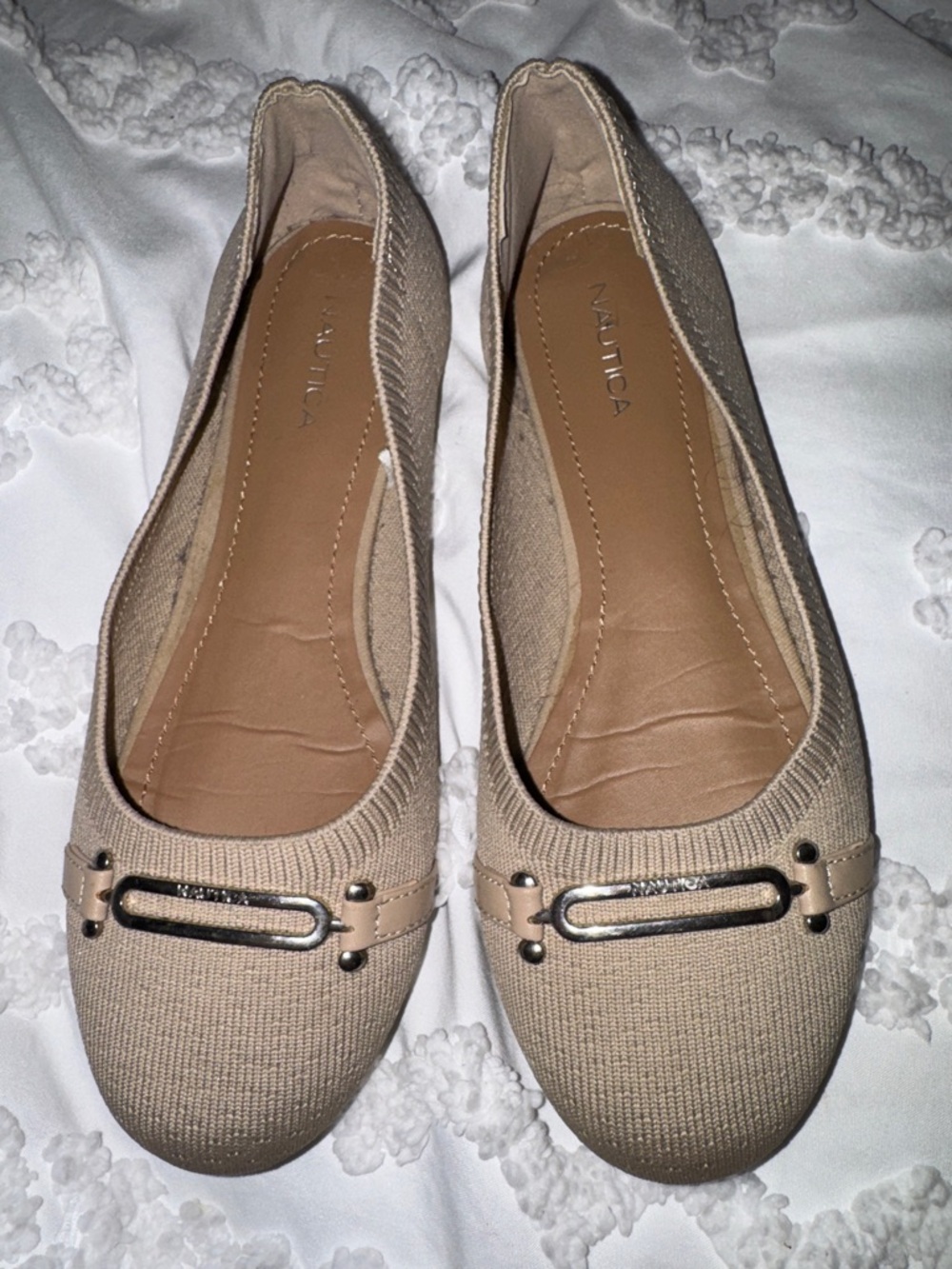 Nautica Women's Tan Knit Slip-On Flats with Metal Accent